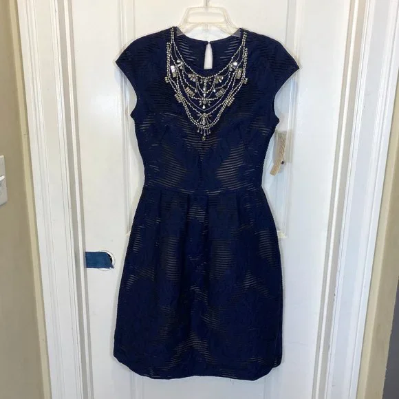 Lela Rose | Dresses | Lela Rose Jeweled Rhinestone Necklace Neckline Blue  Floral Dress | Poshmark